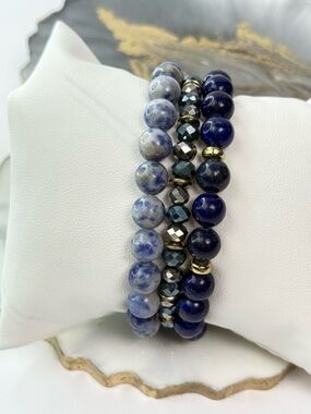 3PC Blue Stone Bracelet Stack | Navy & Marble Beaded Set with Gold Accents